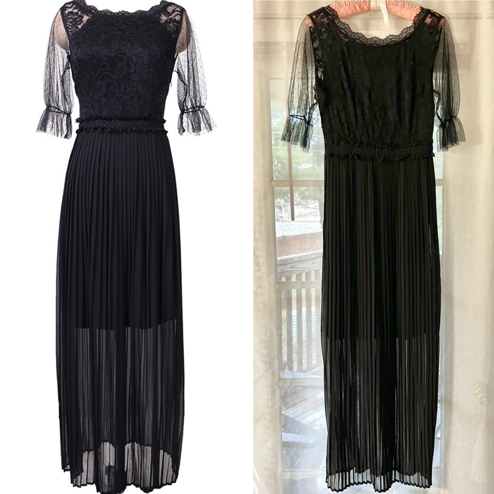 Pleated Lace Chiffon Formal Evening Casual Maxi A-Line black Dress - Picture 3 of 15